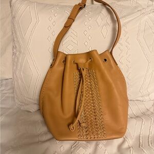 Leather Drawstring Bucket Bag in Tan